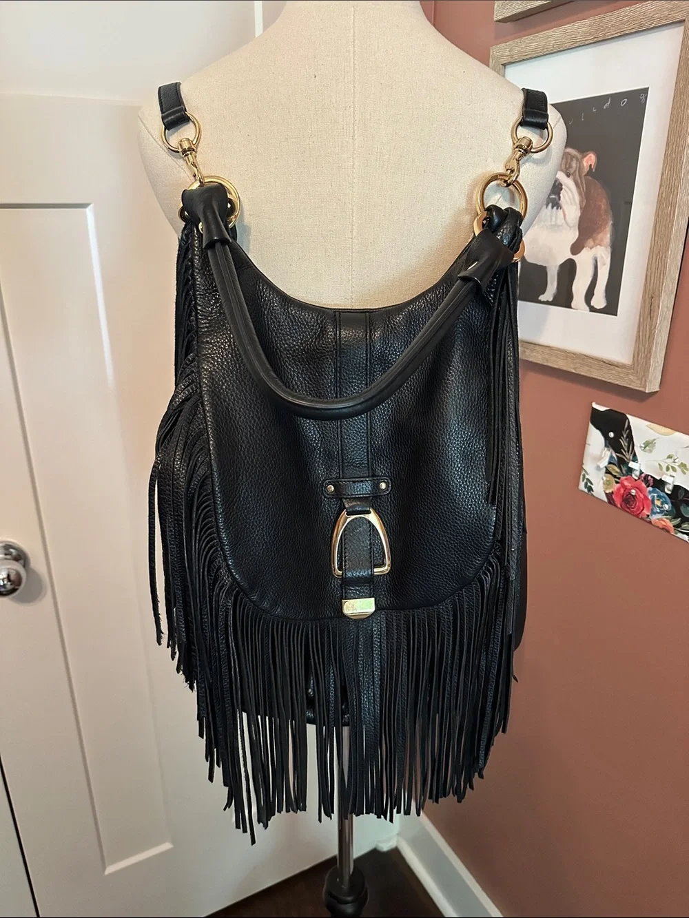 G.I.L.I pebbled black Fringe Leather Hobo backpack shoulder gold cinch purse